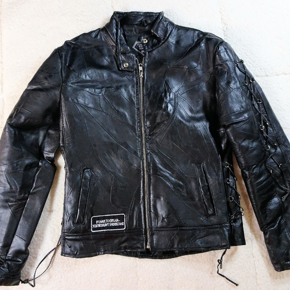 Biker Motorcycle Black Leather Vest w/ Patches Med